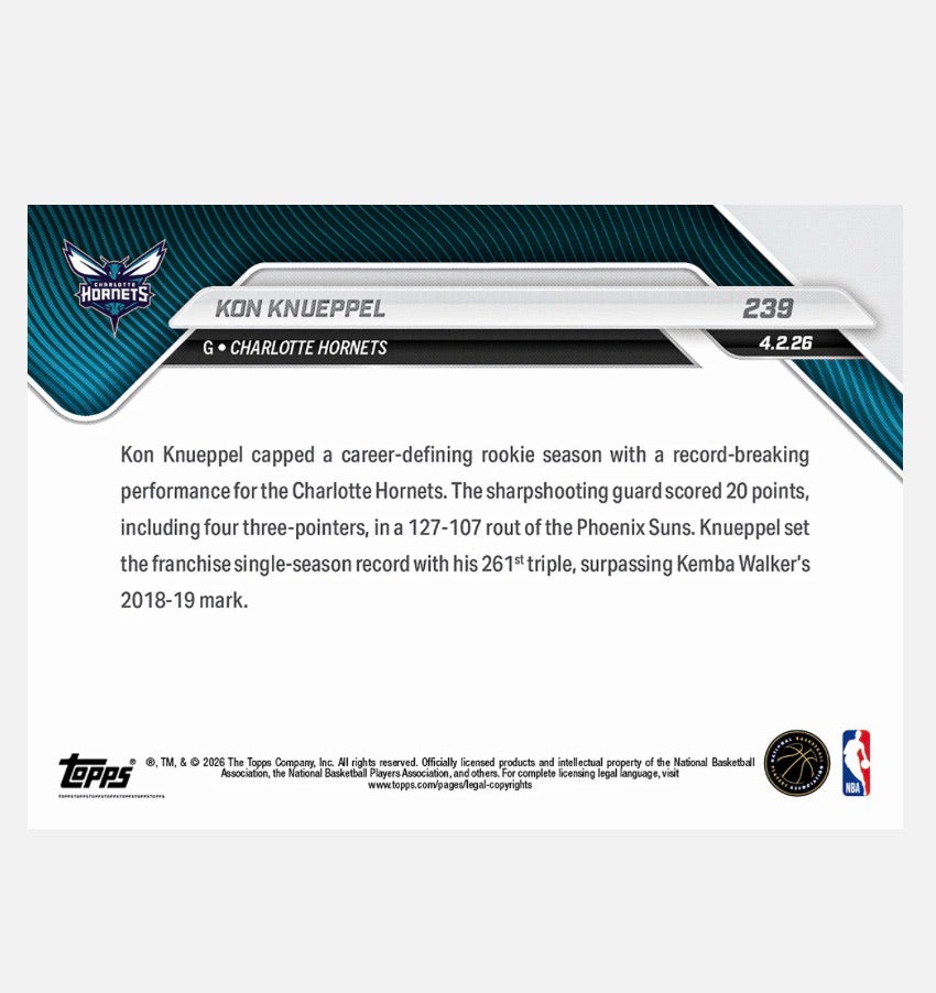 Kon Knueppel 2025-26 NBA Topps NOW Rookie RC Triple Threat #239