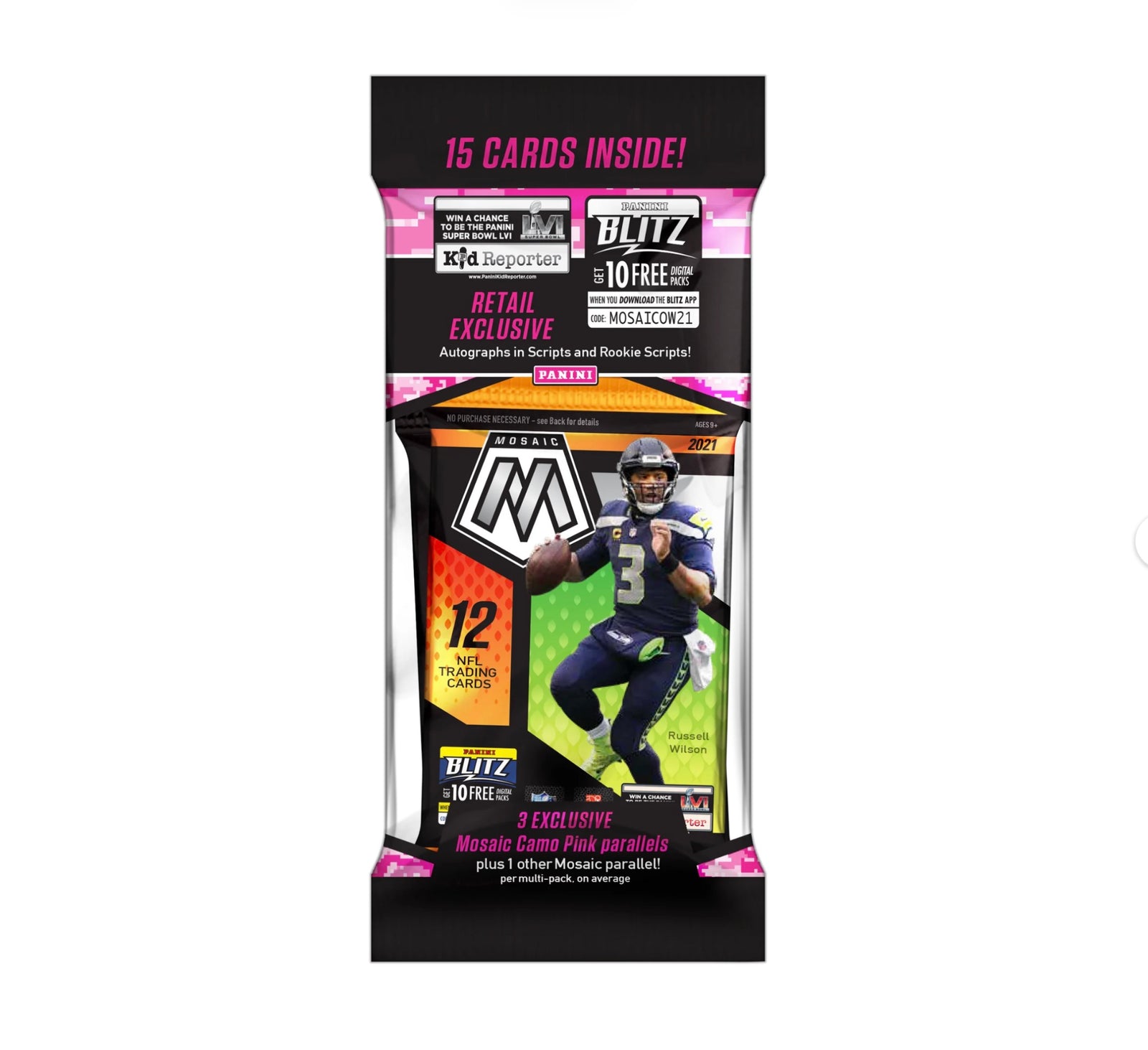 2021 NFL Panini Mosaic Football 15-Card Value Pack (Cello, Fat Pack) C1
